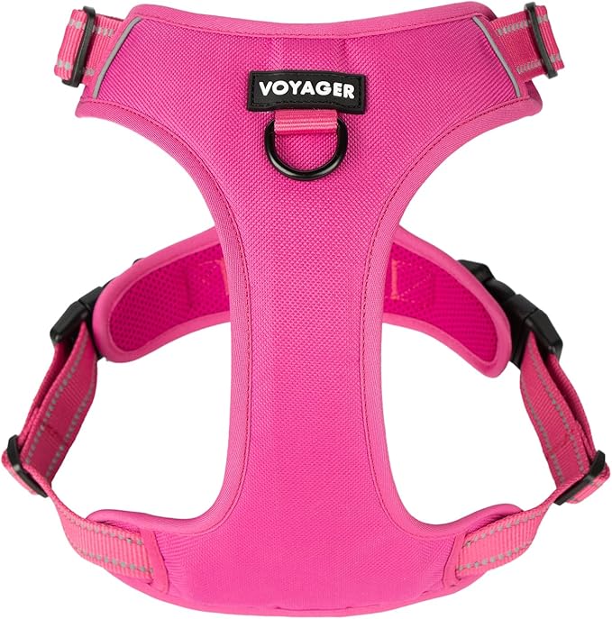 Voyager Dog Harness Dual Leash Attachment No-Pull Control Adjustable Soft but Strong Pet Harness for Medium and Large Dogs with 3M Reflective Technology, Fuchsia Nylon, XL (Chest: 28-37")