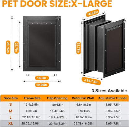 XL Dog Door for Wall, All Aluminum Extra Large Dog Door, Heavy Duty Pet Door Easy to Install, 2 Magnetic Flaps Energy Efficient, Telescoping Tunnel for Exterior Walls, Pet Up to 220 Lb-Black