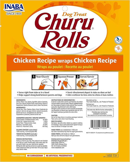 INABA Churu Rolls for Dogs, Grain-Free, Soft/Chewy Baked Chicken Wrapped Churu Filled Dog Treats, 0.42 Ounces Each Stick| 24 Stick Treats Total (8 Sticks per Pack), Chicken Recipe