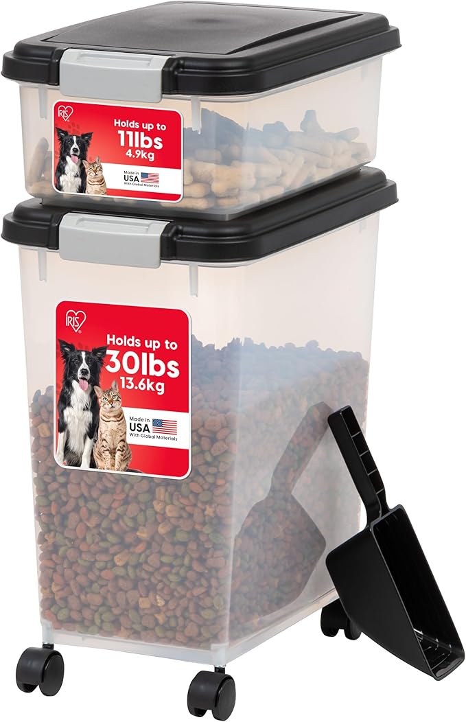IRIS USA Dog Food Storage Container 30 lb + 11lb Airtight Combo, Stackable Pet Food Storage Bin with Wheels for Cat Dog Food, BPA Free, Made in USA, Black