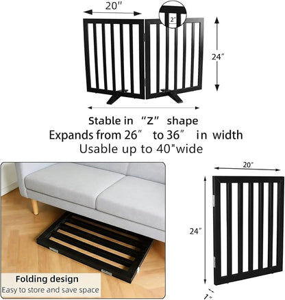 ZJSF Freestanding Indoor Dog Gate for House Foldable Wood Puppy Gate for Doorways Pet Gate for Stairs Extra Wide Pet Fence, Black, 24" Height 2 Panels