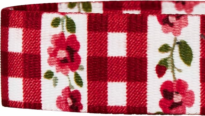 Blueberry Pet Spring Scent Inspired Dainty Flower Dog Collar, Red Check, Adjustable Dog Collar for Small Dogs, Size Small, Neck 12-16"
