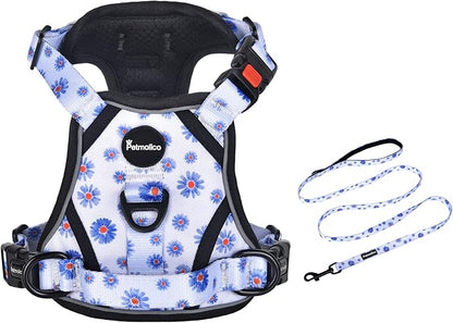 Petmolico No Pull Dog Harness and Leash Set, No Choke 4 Leash Attchments Easy Control Handle Soft Padded Reflective Vest Dog Harness for Medium Dog Breed, Daisy Medium
