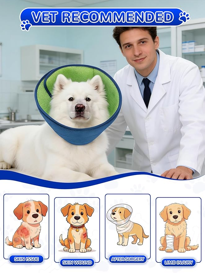 Dog Cone Collar Alternative,Comfortable Cones for Medium Large Dogs to Stop Licking After Surgery,Adjustable Comfy Cones, Comfortable Fabric Elizabethan Collars (Green Blue, S)