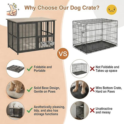 Hadulcet Foldable Dog Crate Furniture, No Assembly Indoor Dog Kennel with Storage Top, Wooden Dog Crate Table for Small to Medium Dogs (Up to 30 lbs), 27.55” Furniture Style Dog Cage with 2 Bowls Gray