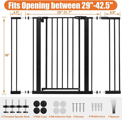 keny 36" Extra Tall Baby Gate for Stairs, 29"-42.5" Wide Auto Close Dog Gate, Pressure Mounted Easy Walk Through Pet Gate for Doorways, Durable Safety Stair Gate, Black