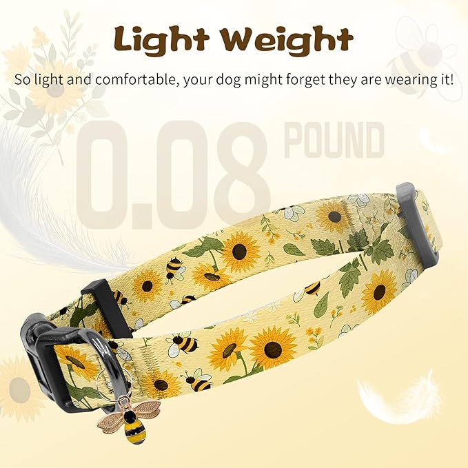Kazazoo Dog Collar Cute and Soft Nylon Puppy Collar for Boy and Girl, Adjustable Dog Collars for Small Medium Dogs, Bees and Sunflowers-M