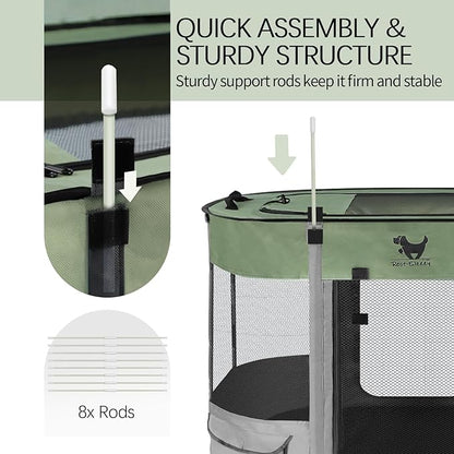 Rest-Eazzzy Dog Playpen, Foldable Kitten Playpen for Medium Dogs, Portable Pet Puppy Playpen with Removable Shade Cover, Indoor Outdoor Travel Camping Use for Small Pets with Carrying Case (L, Green)