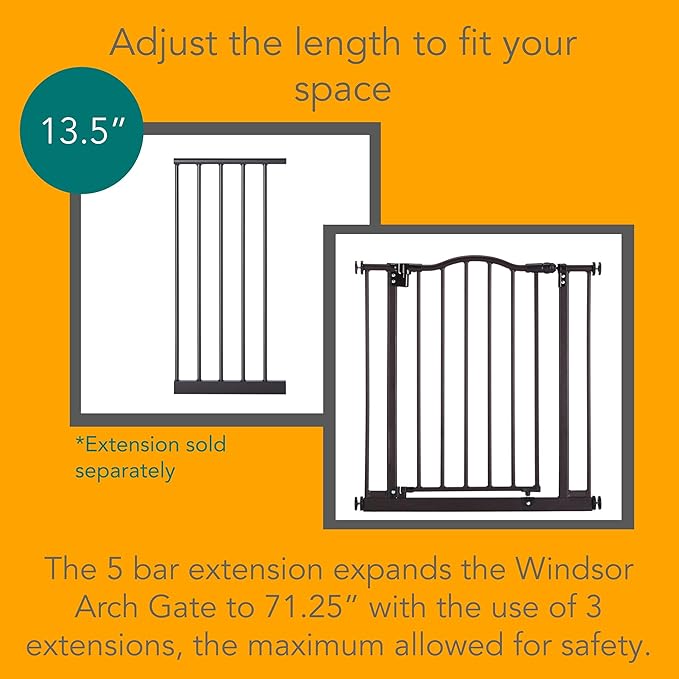 MyPet Windsor Arch Hold-Open & Auto-Close Pressure-Mount Pet Gate: Heavy-Duty Steel Gate 28.5in Tall Comes with Two 5in Extensions from 28in to 38in Wide in Matte Bronze