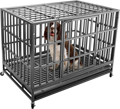 Confote 47Inch Heavy Duty Dog Kennel Strong Metal Dog Cage Pet Crate for Medium and Large Dogs with Four Lockable Wheels, Removeable Tray