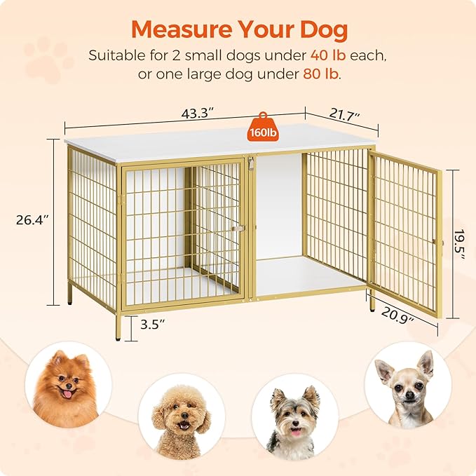 MAHANCRIS Dog Crate Furniture for 2 Dogs, 43.3" Dog Kennel with Removable Divider, Heavy Sturdy Dog Furniture Style Double Cage for Small Medium Dog, Indoor Pet House End Table, White and Gold