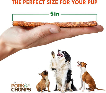 Pork Chomps Dog Chews, 5 Inch Munchy Sticks, 50 Count - Assorted Flavors: Roasted Pork, Chicken, & Bacon - Long-Lasting Treats for Dogs - High Protein, Low Fat, Healthy & Delicious Chews (1 Pack)