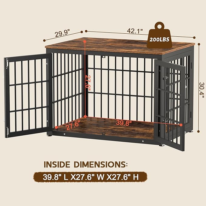 rehomerance 42 Inch Heavy Duty Dog Crate Furniture for Large and Medium Dogs, Decorative Pet House End Table, Wooden Cage Kennel Furniture Indoor, Rustic Brown