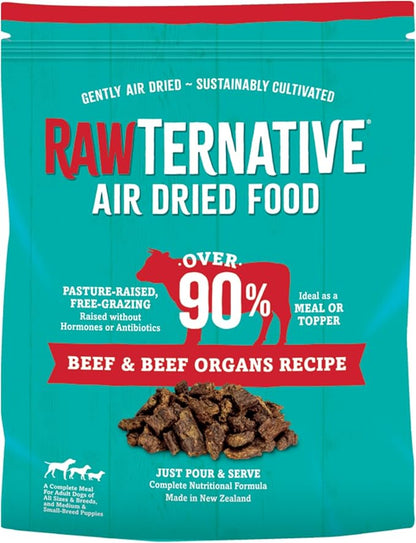 RawTernative Air Dried Dog Food, High Protein, Over 90% Real Beef & Beef Organs + New Zealand Green Mussels, Complete Meal or Topper, Grain Free, Gluten Free, Non GMO, (5 lb Bag)