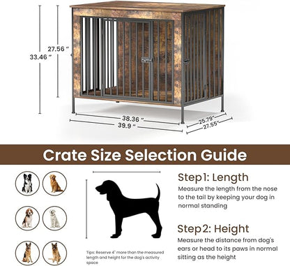 Dog Crate Furniture Heavy Duty for Large Dog, Sturdy Indoor Kennel Table with Dual Doors, Elevated Robot Vacuum Friendly Base, Decorative Cage TV Stand & End Table, Rustic Brown