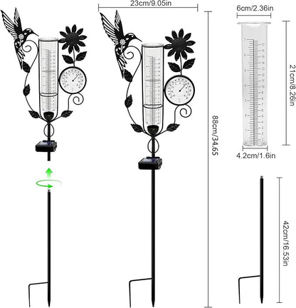 YJFWAL Hummingbird Rain Gauge Outdoor, Decorative Metal Sunflower Solar Rain Gauge with LED Light and Thermometer, Garden Decor for Yard, Lawn, Pathway, Farm