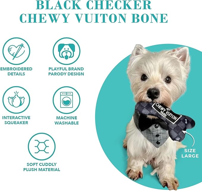 Haute Diggity Dog Chewy Vuiton Bone Plush Squeaky Dog Toy, Soft Durable Designer-Inspired Stuffed Puppy Chew Toys for Small, Medium & Large Dogs, Machine-Washable (Black Checker) XL