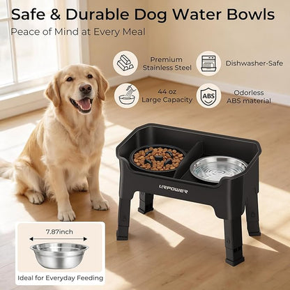 URPOWER Mess Proof Elevated Dog Bowls, High Wall Splash Guard Design, 4 Height Adjustable Raised Bowl Stand, 2 Stainless Steel Bowls, Non-Slip Food Water Set for Small Medium Large Dogs