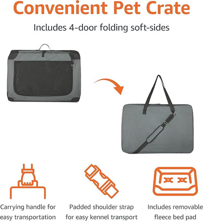 Amazon Basics Portable Folding Soft Dog Crate, 4-Doors, Collapsible Travel Kennel for Cat, Dog, and Small Animals, Quick Setup, Small 26" x 18" x 18", Grey