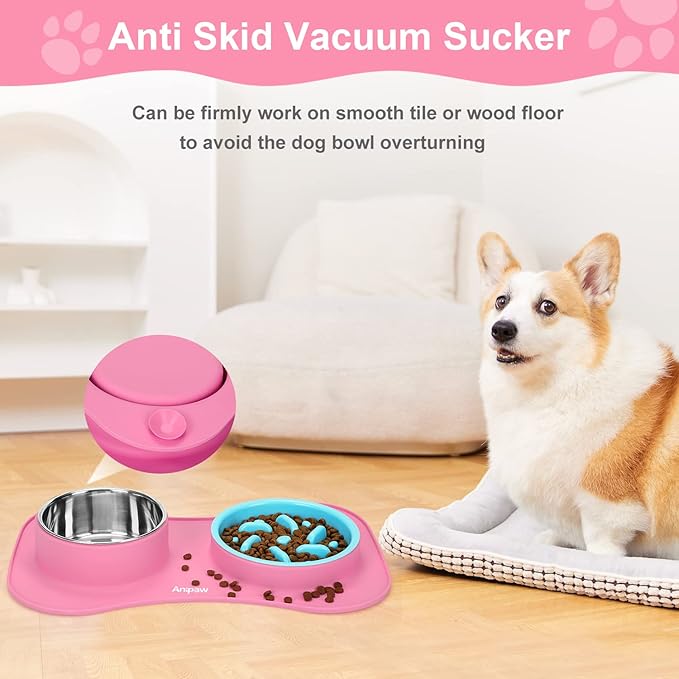 Anipaw Slow Feeder Dog Bowls 3 in 1 Stainless Steel Dog Food and Water Bowls with Non-Spill Non-Skid Silicone Mat to Slow Down Eating for Large Medium Small Breed Size Dogs and Cats