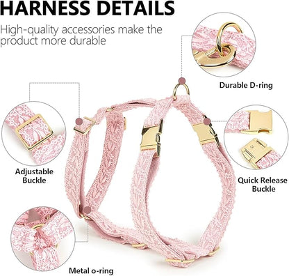 Embroidered Dog Harness and Leash Set for Medium Dogs Adjustable Cotton Lace Handmade 4-5 FT Leash with Bowknot Flower Gift for Female Dog M