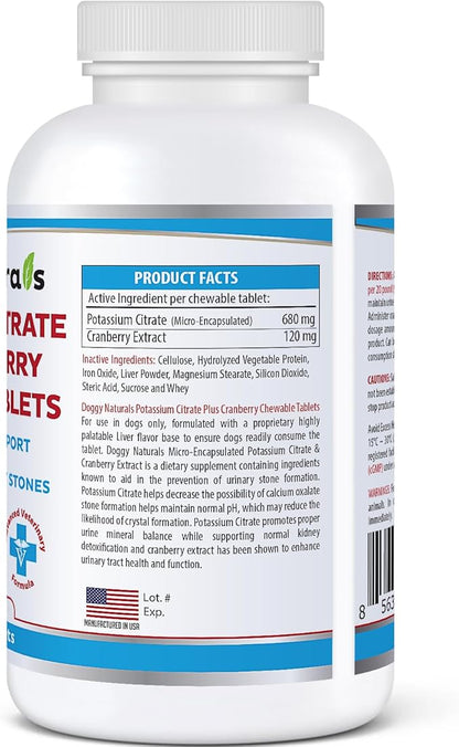Potassium Citrate Plus Cranberry Supplement for Dogs (100 Tablets) - Urinary Tract Support-Helps Deter Formation of Calcium Oxalate Stones - Deters Bladder & Kidney Stones (Made in U.S.A)