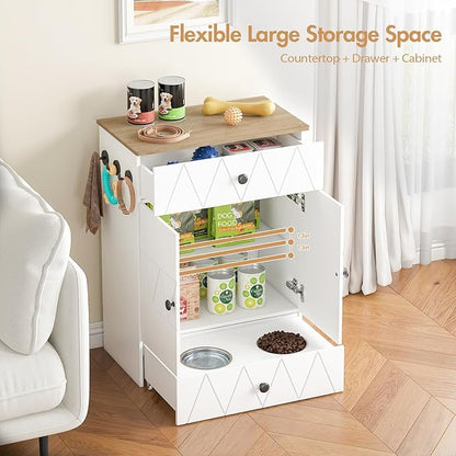 Pet Feeding Station with Storage, Raised Dog Bowls, Pet Feeder Cabinet, with Adjustable Shelves, Rolling Drawer, Hooks, for Feeding & Watering Supplies (Light)