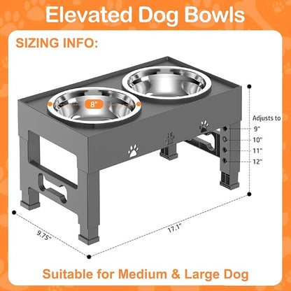 Elevated Dog Bowls with 2 Stainless Steel Bowls, 5-Height Adjustable Stand (3.1", 9" to 12"), for Improved Digestion & Neck Support, Easy Clean, Non-Slip Base Raised Feeder for Medium Large Dogs