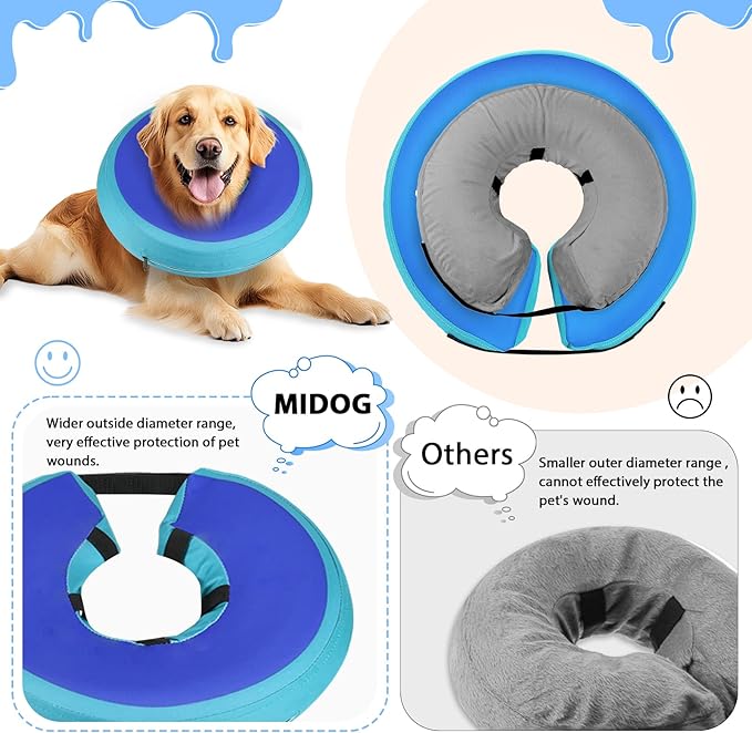 MIDOG Soft Inflatable Dog Cone,Donut E-Collar Alternative for After Surgery, Prevents Licking, Allowing Normal Eating & Vision,Comfortable Recovery Collar for Small Medium Large Dogs&Cats,GreenBlue-M+