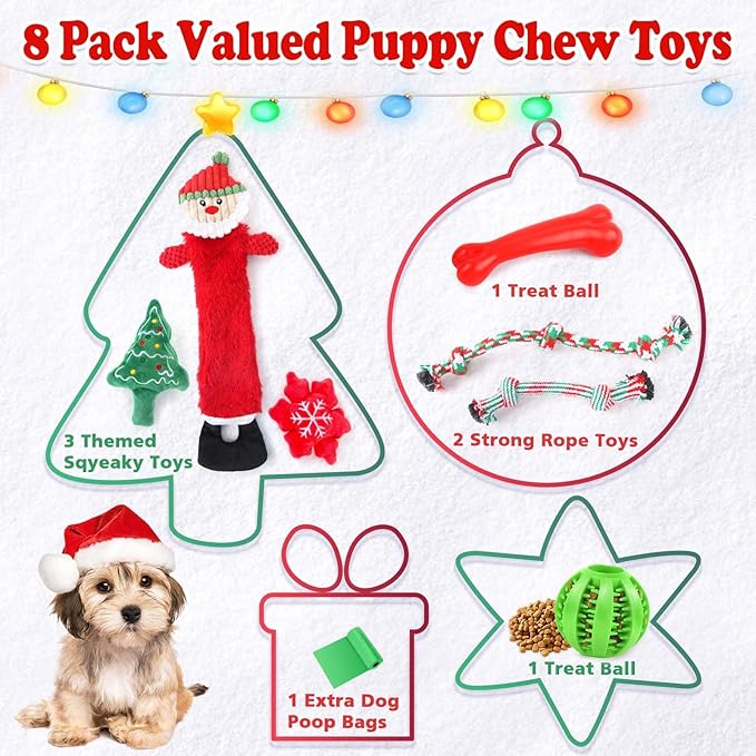 LOYEE Christmas Dog Toys 8 Pack - Santa Squeaky Plush Chew for Puppy, Durable Interactive Rope for Teething, Treating Ball and Bone Rubber for Small Dogs