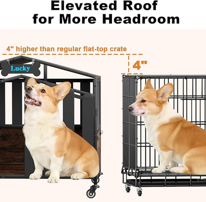 EasyCom 31" Heavy Duty Dog Crate Furniture, Dogs Kennel Indoor with 360° Wheels, Decorative Dog Crates for Small Dogs, Wooden Dog Cage with Feeding Window and Name Tag, Dog House, Rustic Brown