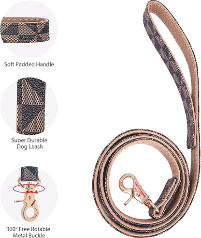 Dog Leather Collar and 4 ft Leash, KUDES Adjustable Basic Collar with Bell Checkered Pattern Durable Leather Collar and Leash with Metal Buckle for Small Medium Large Dogs