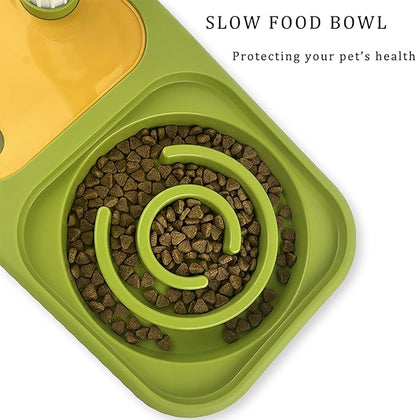 Cat Dog Food and Water Bowl Set, Double Food Bowls with Automatic Gravity Water Bottle, Raised Slow Feeder, Detachable Stainless Steel Bowl, 15°Tilt Elevated No Spill Dispenser (Yellow+Green)