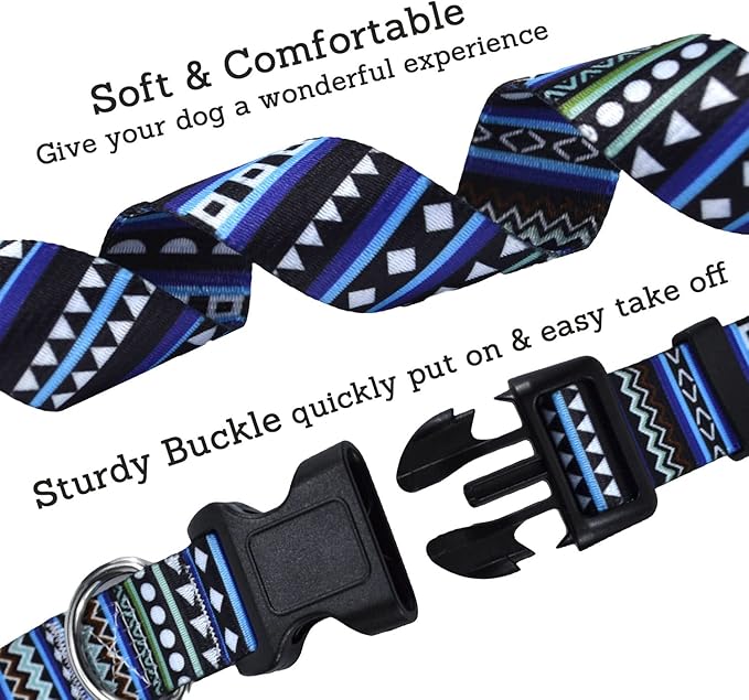 Mihqy Dog Collar with Bohemia Floral Tribal Geometric Patterns - Soft Ethnic Style Collar Adjustable for Small Medium Large Dogs（Bohemian Blue,M）