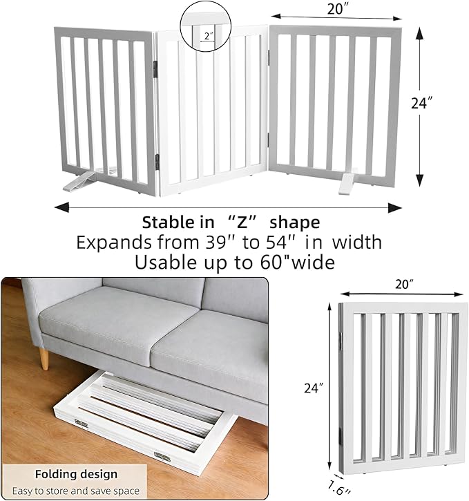 ZJSF Freestanding Indoor Dog Gate for House Foldable Wood White Puppy Gate for Doorways Pet Gate for Stairs Extra Wide Pet Fence 24" Height 3 Panels