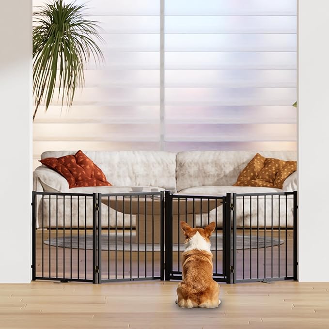 SNUOWU Full Metal Freestanding Dog Gate with Door, 24'' Height Foldable Pet Dog Fence for Indoor & Outdoor, 4 Panels Extra Wide Free Standing SmallDog Gates for Doorways,House,Stairs,Porch,Deck,Yard