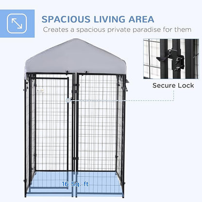 PawHut Outdoor Dog Kennel with Roof, 4' x 4' x 6' Heavy Duty Welded Wire Dog Playpen Enclosure with Escape-Proof Lock, UV-Resistant & Waterproof Cover, for Medium Dogs, Chickens, Ducks, Silver