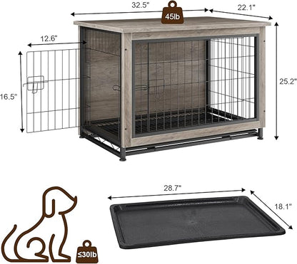 JY QAQA Wooden Crate Furniture, Double-Doors Indoor Kennel Table, Dog House, Cage/Grey/M