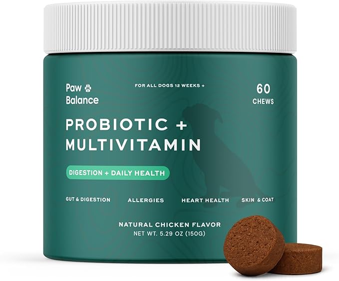 Dog Probiotics and Multivitamin Chews for Allergies, Digestive Health, Immune Support, Gut Health, Allergy Relief, Dog Vitamins, with Vitamin C, Omega 3, Colostrum, 60 Soft Chews per Jar