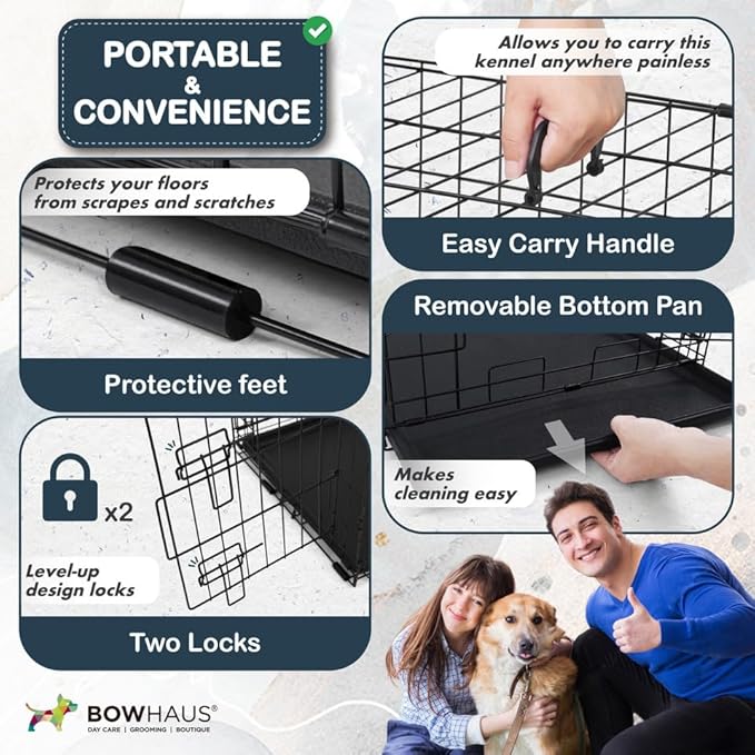 BOWHAUS 30-Inch Single Door Dog Crate Kit Includes Crate Cover and Soft Dog Bed, Indoor Dog Cage with Leak-Proof Pan, Foldable Wire Metal Dog Kennel for Small, Medium Dog