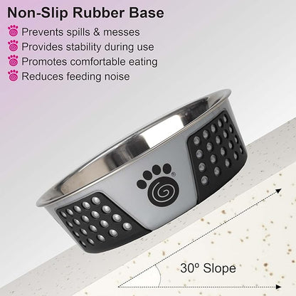 PetRageous 13099 Fiji Stainless Steel Non-Slip Dishwasher-Safe Dog Bowl 6.5-Cup Capacity 8.5-inch Diameter 2.75-inch Tall for Large and Extra Large Dogs, Light Grey and Black