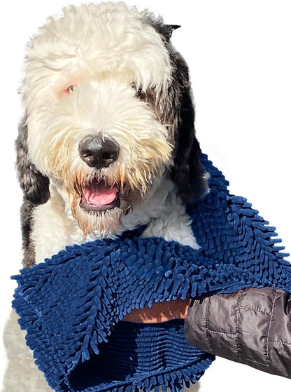 Soggy Doggy Super Shammy Dog Towel – Absorbent Microfiber Chenille Pet Towel for Drying Wet Dogs, Muddy Paws, Quick Dry Dog Shammy with Hand Pockets, Machine Washable – Navy Blue, 31” x 14”