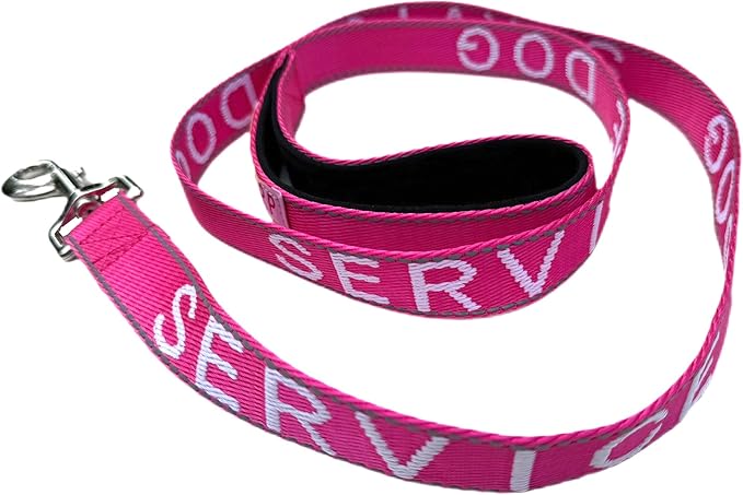 Albcorp Service Dog Leash 4 FT x 1 Inch – Reflective Leash with Embroidered Service Dog Lettering, Heavy-Duty Nylon, Padded Neoprene Handle, Pink.