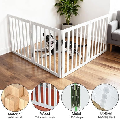 ZJSF Freestanding Indoor Dog Gate for House Foldable Wood White Puppy Gate for Doorways Pet Gate for Stairs Extra Wide Pet Fence 32" Height 4 Panels