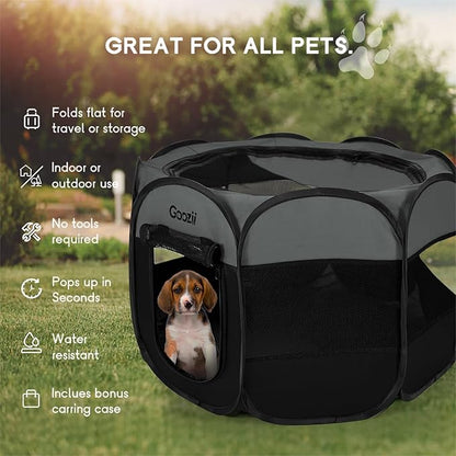 Goozii Portable Puppy Playpen Indoor, Small Dog Playpen, Pop Up Kitten Cat Play Pen Tent for Outdoor, Foldable Pet Cage Crate Kennel with Zip Gate Top Cover Bottom for Travel Camping RV Car (Black)