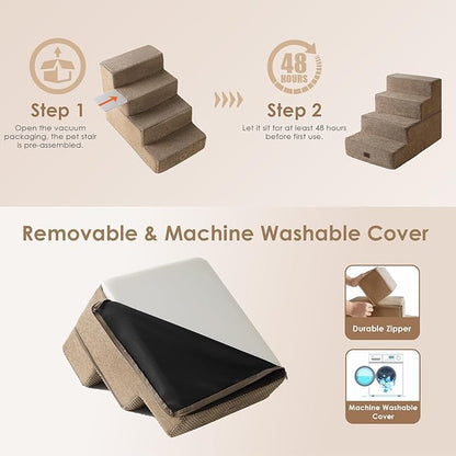 EHEYCIGA Dog Stairs for Bed 18" H, 4-Step Dog Steps for High Bed, Pet Steps for Small Dogs and Cats, Non-Slip Balanced Pet Ramp Indoor, Camel