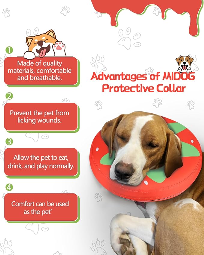 MIDOG Soft Inflatable Dog Cone,Donut E-Collar Alternative for After Surgery, Prevents Licking,Allowing Normal Eating & Vision,Comfortable Recovery Collar for Small Medium Large Dogs&Cats,Strawberry-XL