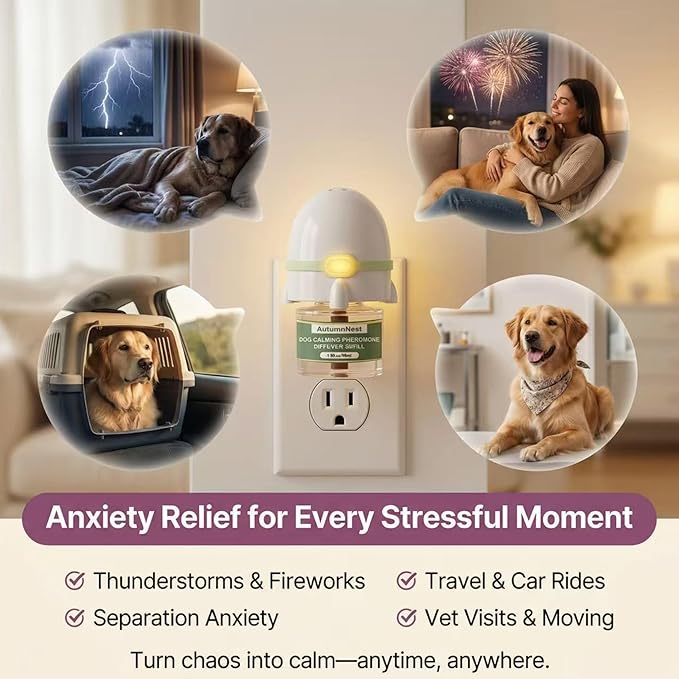 Dog Calming Pheromone Diffuser Kit, Pet Diffuser for Stress Support, Reduces Stress and Promotes Relaxed Behavior, 2 Plug-in & 4 Packs Refill, 120 Day Supply (Non-Toxic, Safe & Inedible), with Light