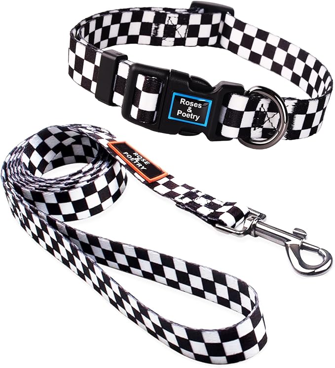 Roses&Poetry Dog Collar and Leash for Medium Large,Adjustable Durable 5ft Puppy Leash Collar for Dog Training Lead（Black & White-M）