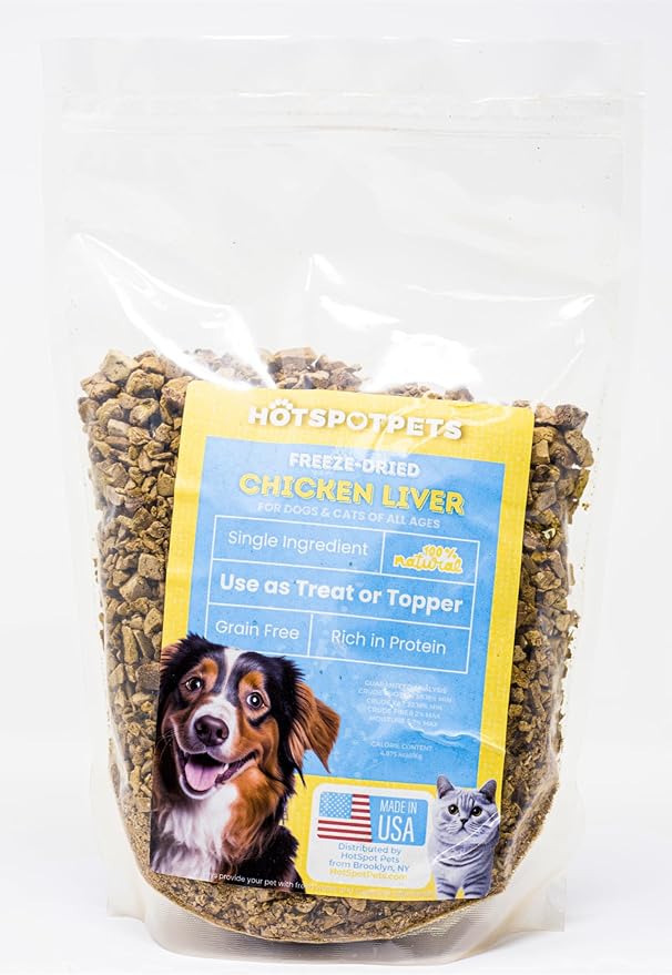 hotspot pets Freeze Dried Chicken Liver Treats for Cats & Dogs -1LB Big Bag~300pcs -Made in USA- Single Ingredient All Natural, Grain-Free - Perfect for Training, Food Topper or Snack